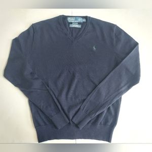 Mens M Polo by Ralph Lauren Custom Fit 100% Merino Wool Navy Blue V Neck Sweater